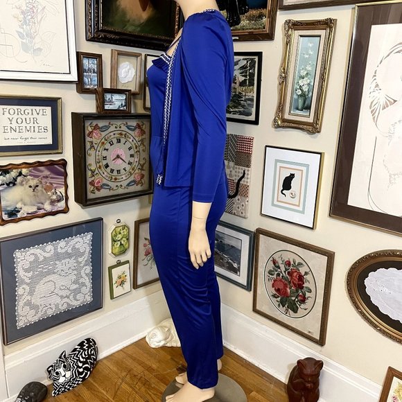 80s Vintage JCPenney Blue Polyester Jumpsuit and Jacket Set with Braided Trim - Picture 4 of 9